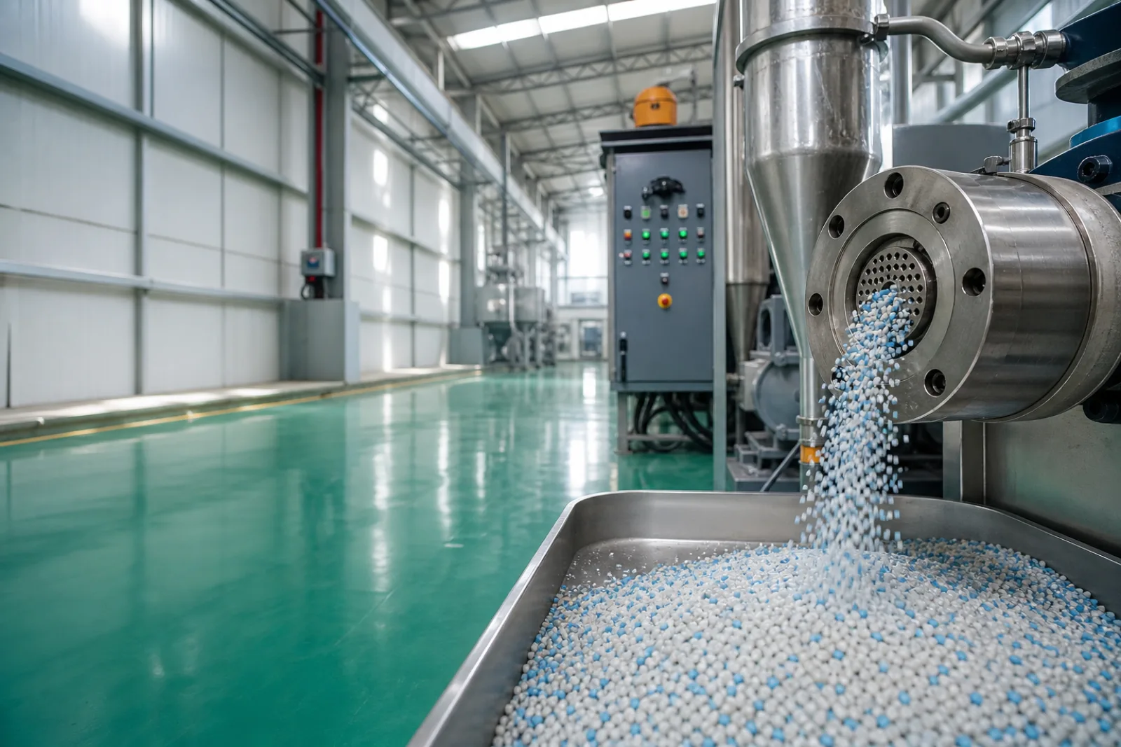 Recycled plastic pellets leaving the die face of a SUHUI pelletizing line