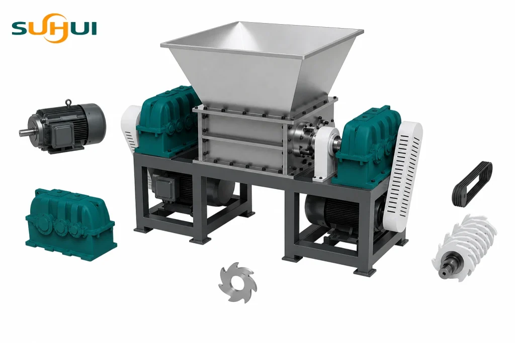 Complete double shaft shredder machine with large hopper twin drive motors reinforced frame and spare blades