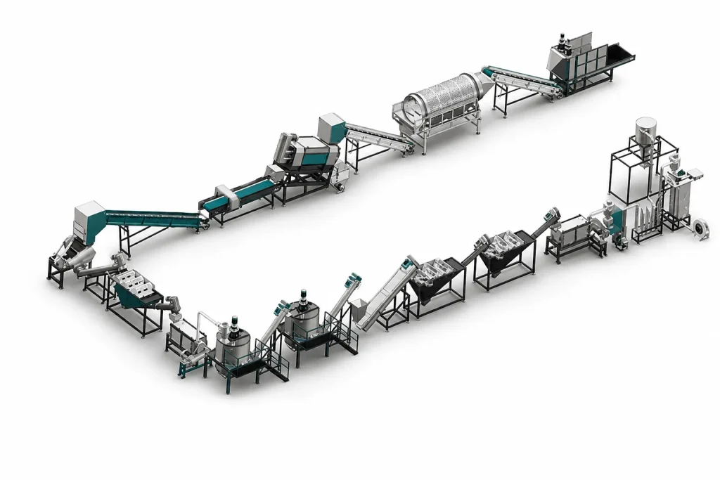 Complete PET bottle sorting washing line with bale input washing drying and clean flake output