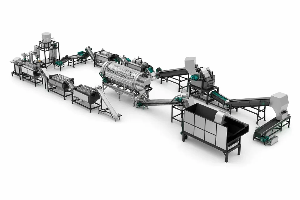 Complete PET bottle sorting washing line from an opposite studio angle