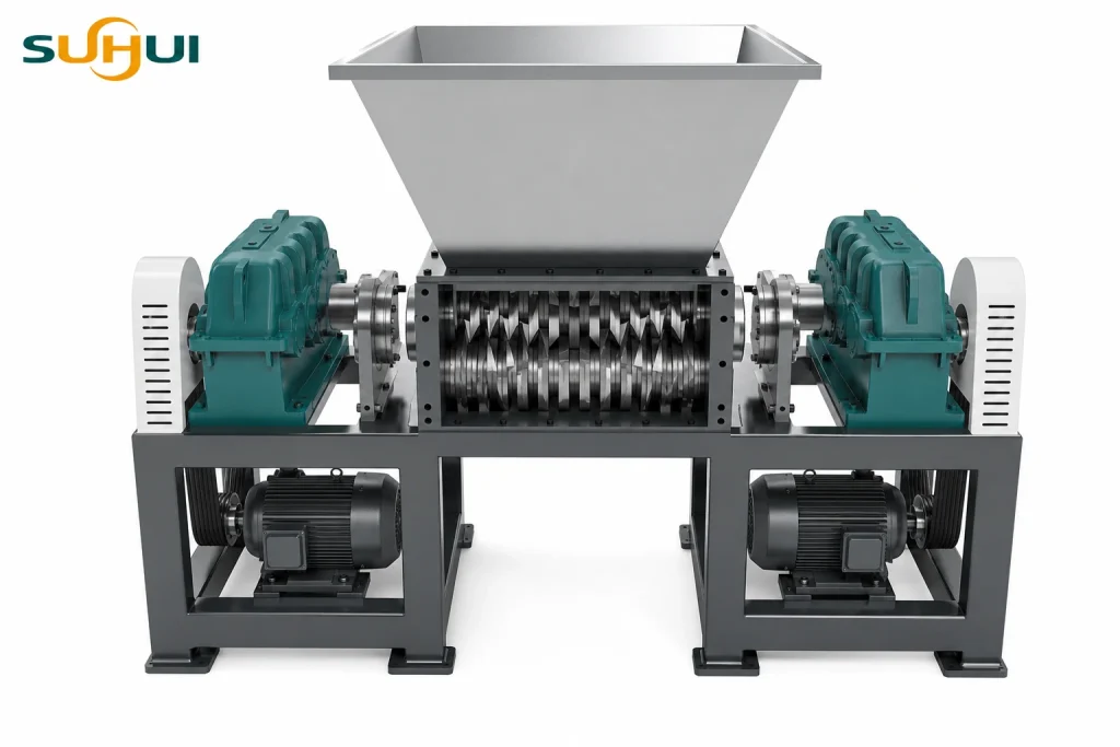 Double shaft shredder front perspective with visible dual shafts hopper twin motors and reinforced frame