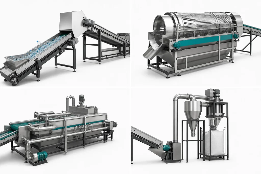 PET bottle sorting washing line detail views of conveyor trommel washing and output sections