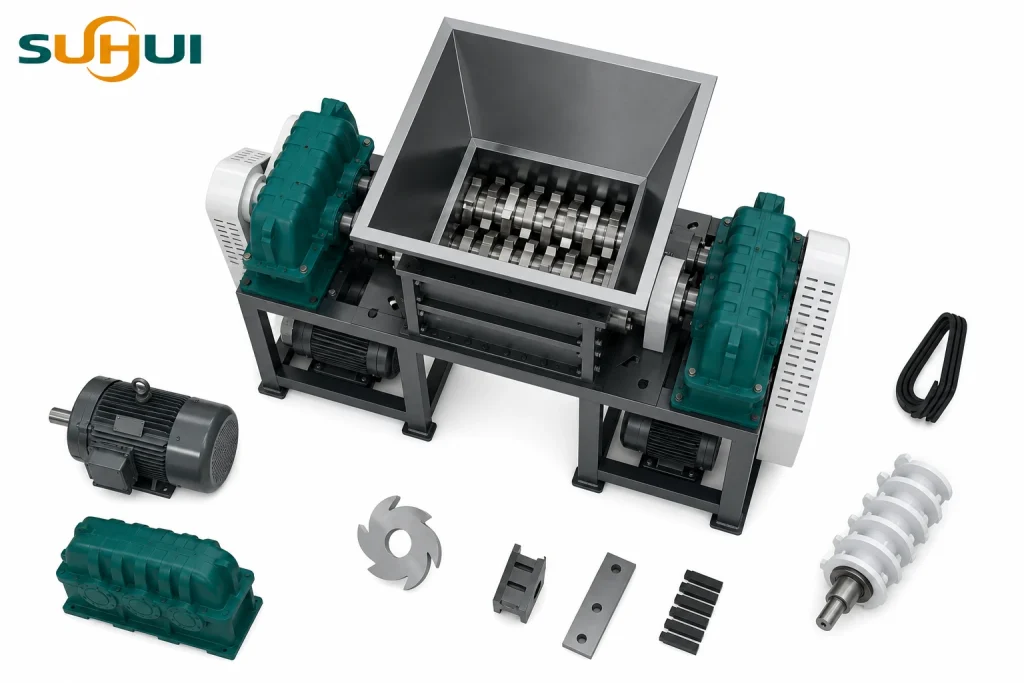 Double shaft shredder layout view with top hopper dual shafts twin motors hydraulic components and lower discharge