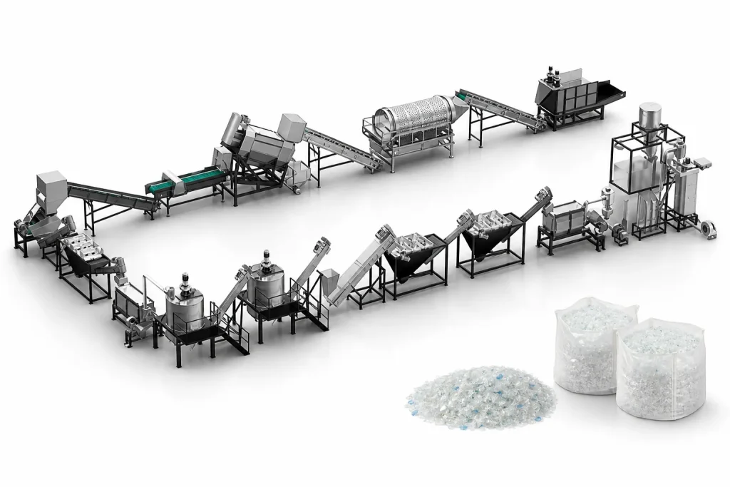 Complete PET bottle sorting washing line with clean PET flake output