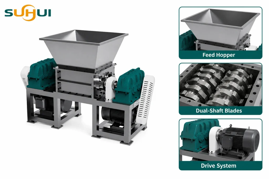 Double shaft shredder detail views of feed hopper interlocking blades hydraulic drive and shredded output