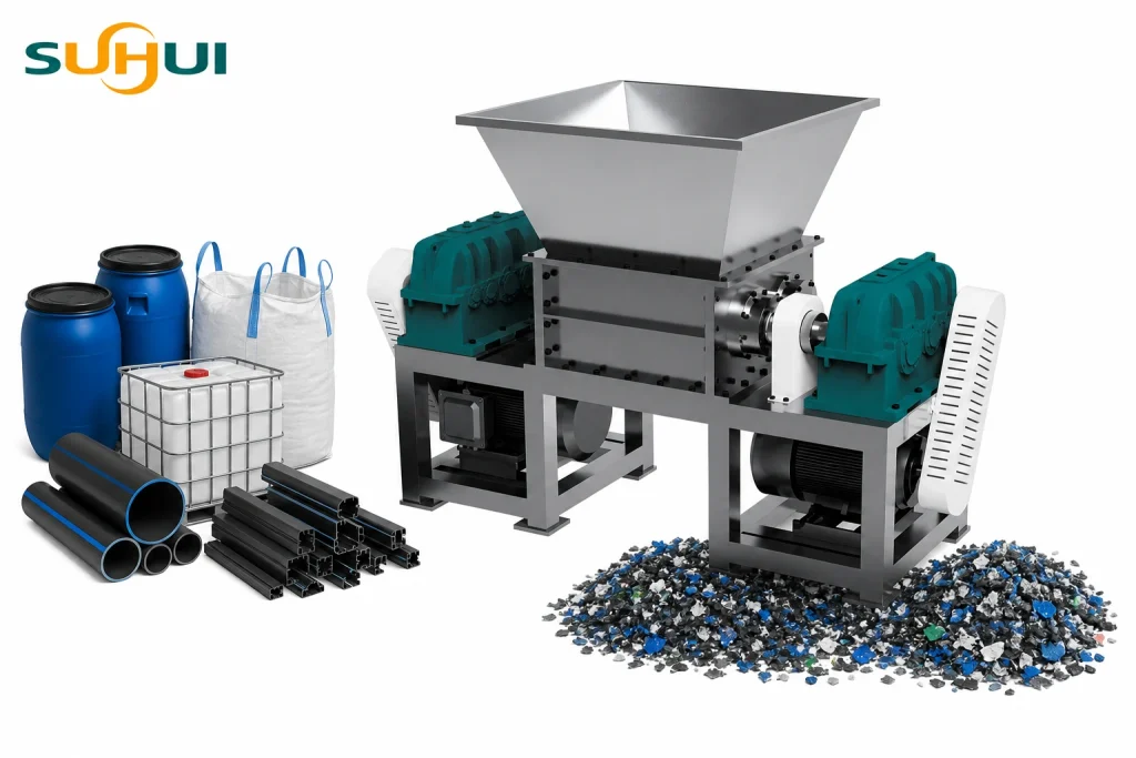 Double shaft shredder with bulky plastic drums containers pipes jumbo bags film bales and rough shredded output