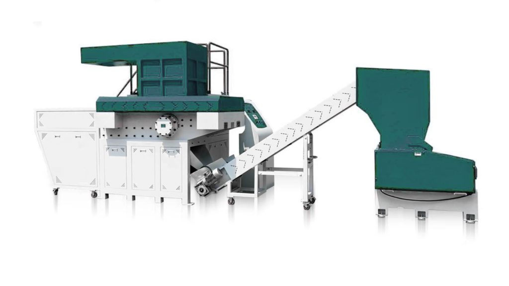 Complete single shaft shredder machine with hopper shredding chamber motor and discharge conveyor
