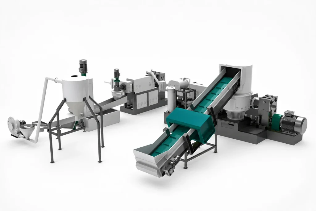 PP PE film compacting pelletizing line full system with compactor, conveyor, extruder, and pelletizing section