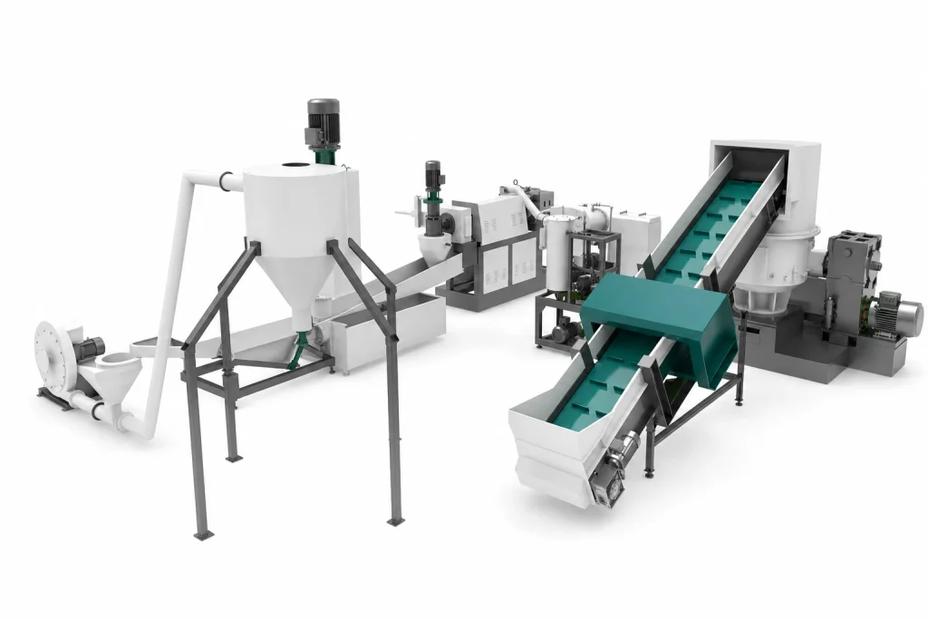 Left side view of PP PE film compacting pelletizing line showing feeding system, compactor, and conveyor