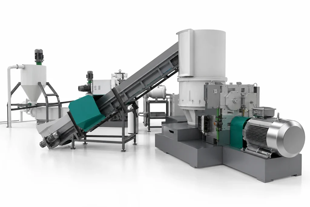Right side view of PP PE film compacting pelletizing line showing extruder, motor, screen changer, and pelletizing end