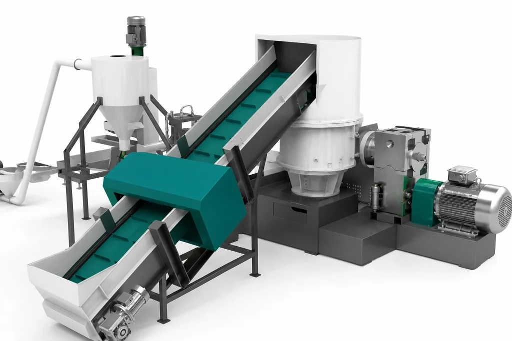 Close-up of PP PE film compacting pelletizing line with compactor, conveyor, extruder, and high torque motor