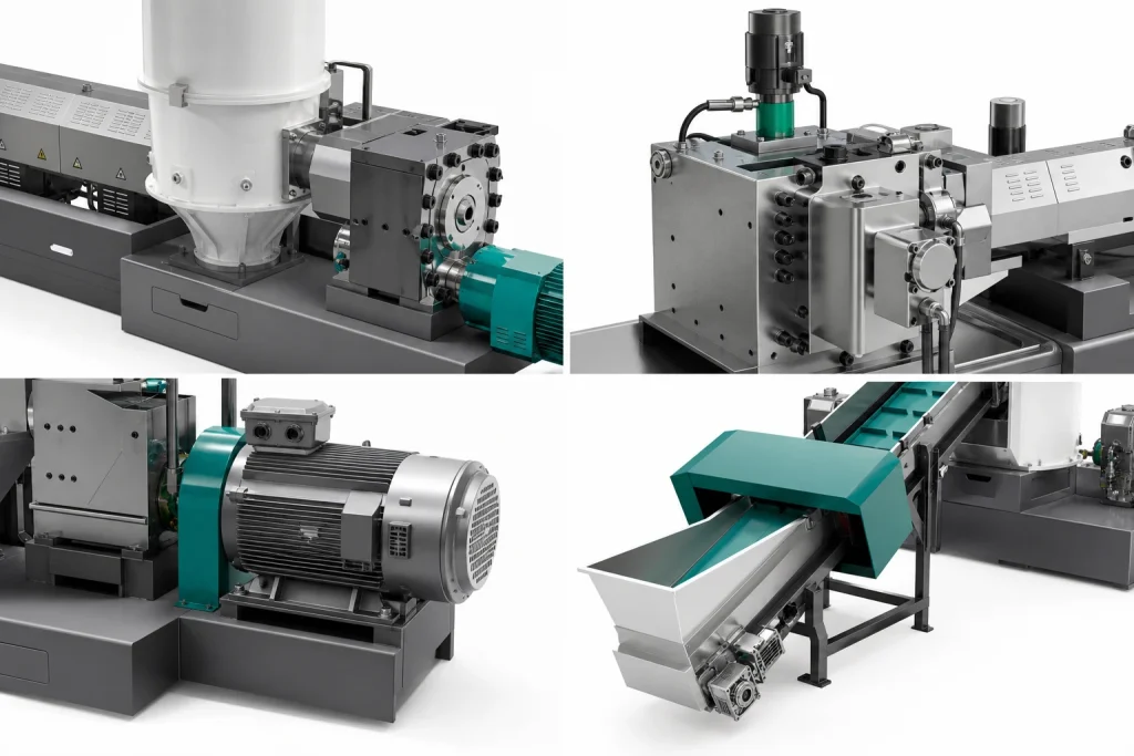 Detail views of PP PE film compacting pelletizing line showing extruder, hydraulic screen changer, motor, and conveyor components