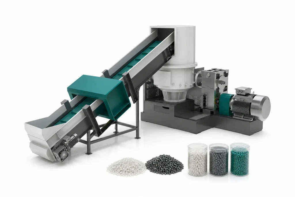 PP PE film compacting pelletizing line with extruder, pelletizing section, and recycled plastic pellet samples