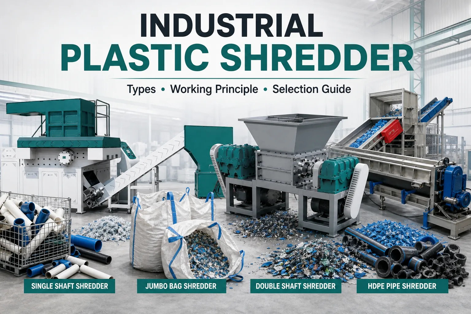 Industrial plastic shredder machine overview with single shaft double shaft pipe and jumbo bag shredders