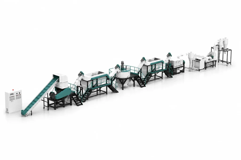 Complete HDPE milk bottle recycling washing line from an opposite studio angle