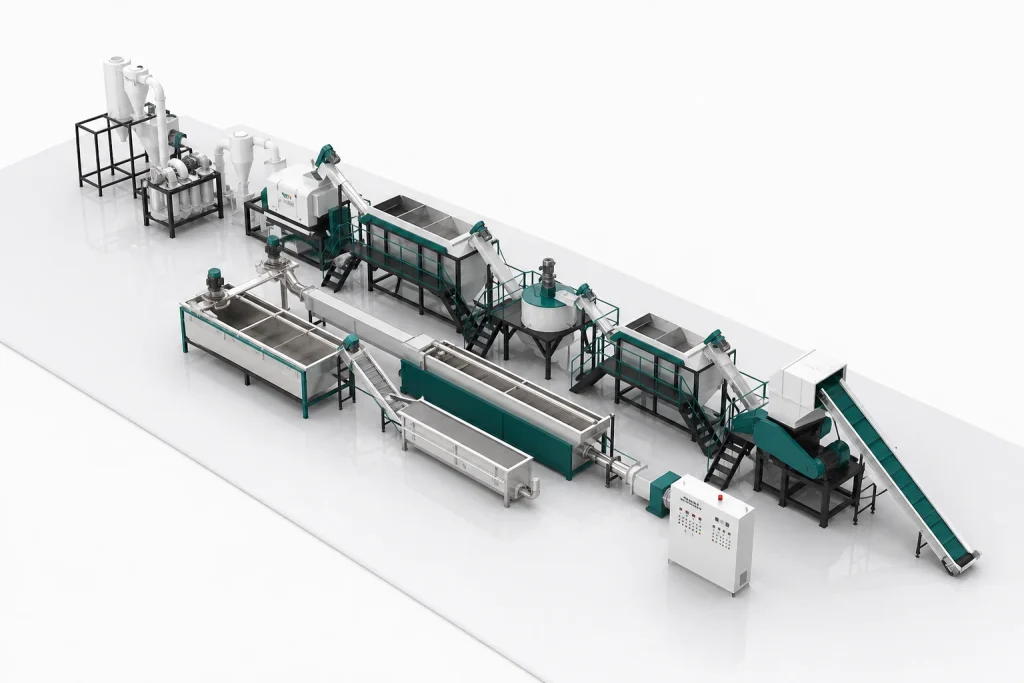 HDPE rigid milk bottle recycling washing line layout with conveyors washing tanks and drying modules