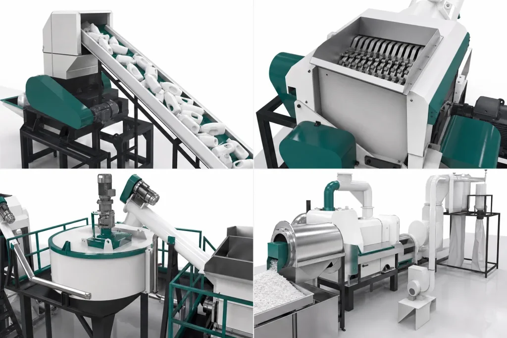 HDPE milk bottle washing line detail views of conveyor shredder washing and output sections