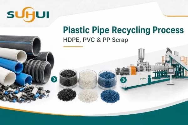 Plastic pipe recycling process blog cover with HDPE PVC PP pipe scrap regrind pellets and extrusion equipment