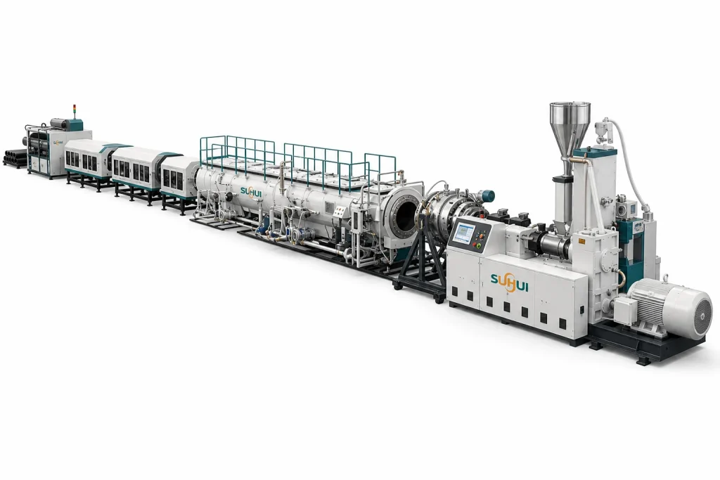 Complete HDPE pipe extrusion line with single screw extruder die head vacuum calibration cooling haul off cutting and pipe stacker