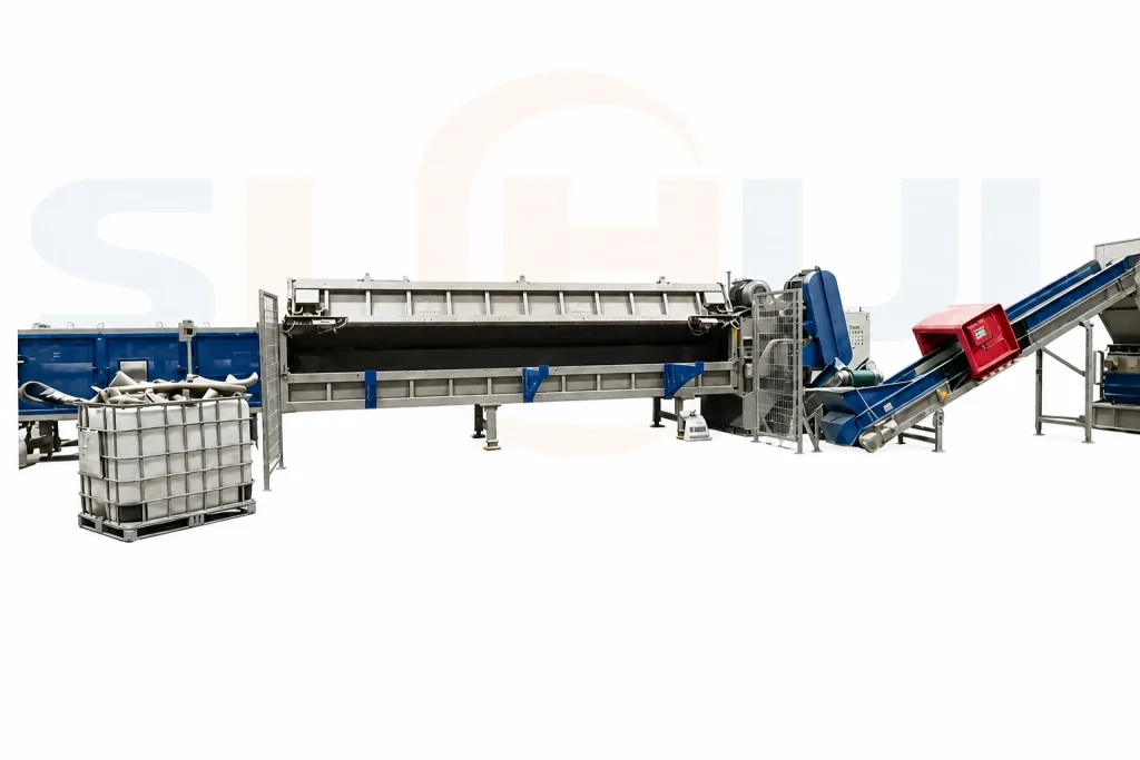 SUHUI HDPE pipe shredder complete system with conveyor and output collection bin on white background