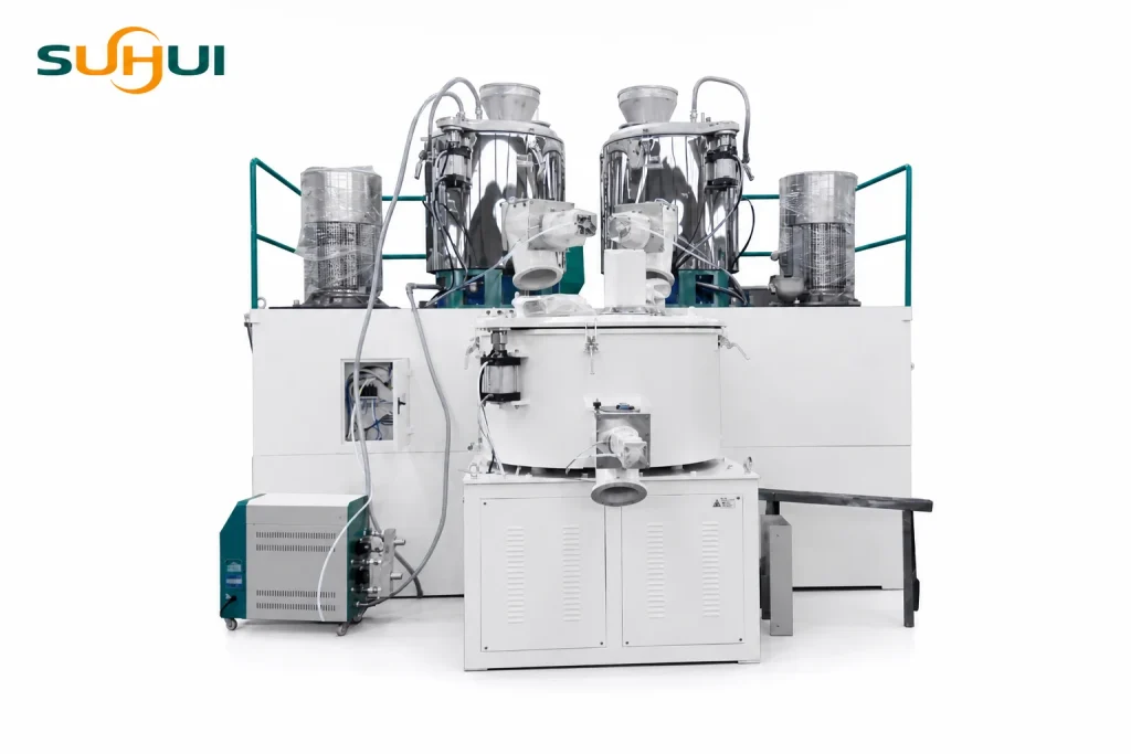 Higher speed mixer complete product gallery image with hot mixer bowl cold mixer section hoppers motors and discharge outlet