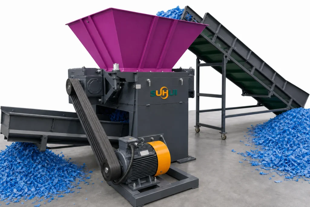 Complete jumbo bag shredder machine with wide hopper side belt drive conveyor and blue PP strips output