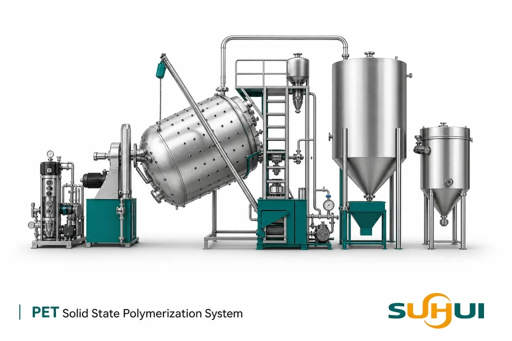 PET solid state polymerization system complete line with SSP reactor nitrogen piping platform vertical tanks and auxiliary units