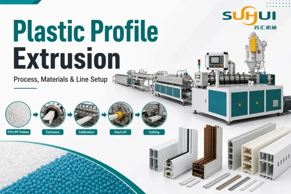 Plastic profile extrusion process line with PVC and PP materials extrusion calibration haul off cutting and finished profiles