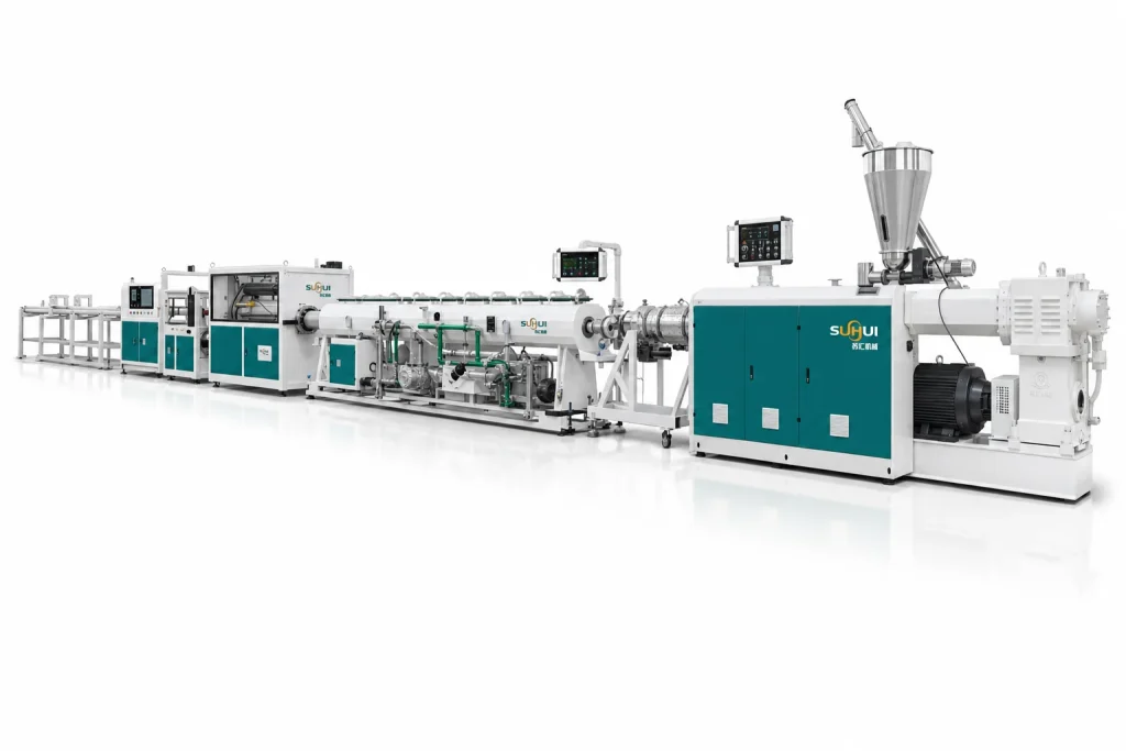 Complete PVC pipe extrusion line with conical twin screw extruder die head vacuum calibration cooling haul off planetary cutter and pipe stacker