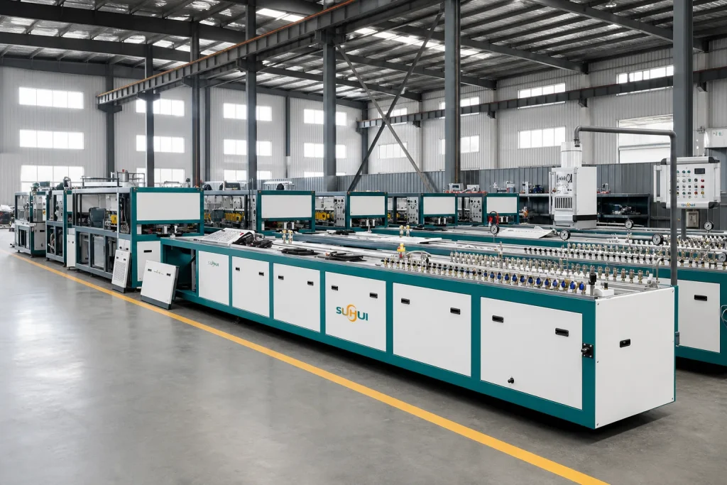 PVC profile extrusion line installed in SUHUI workshop for window door conduit and custom profile production