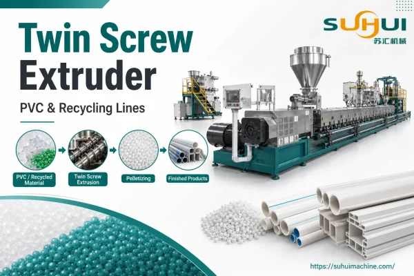 Twin screw extruder for PVC and plastic recycling lines with material extrusion pelletizing and finished products