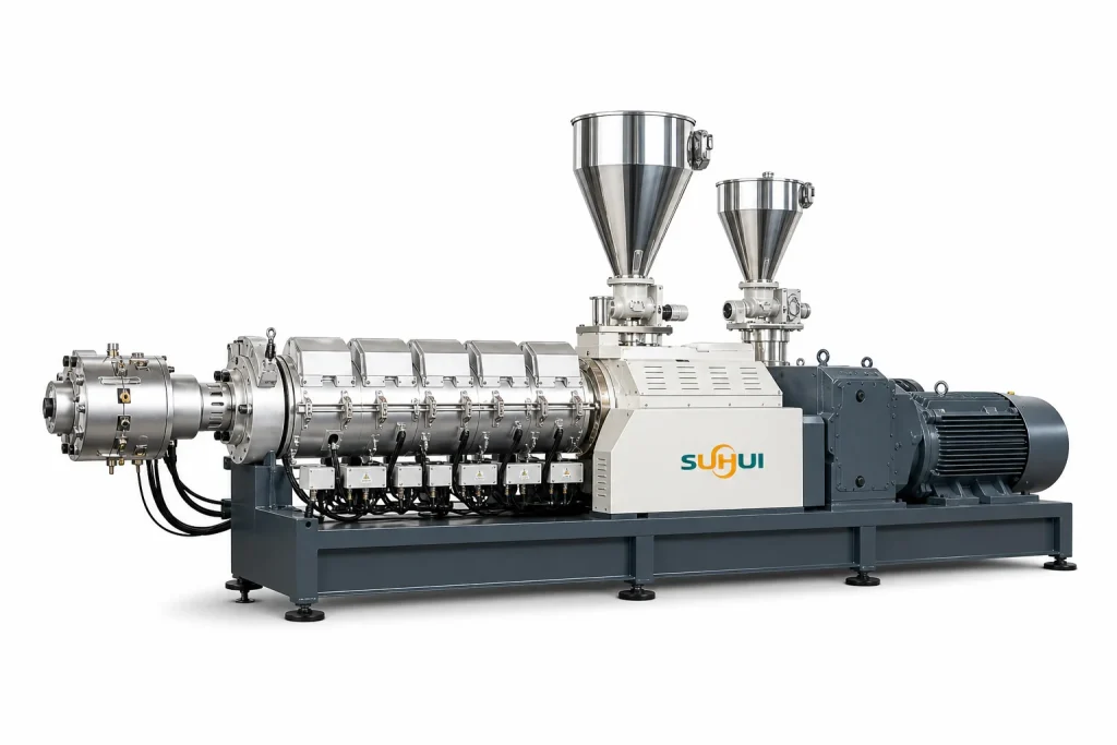 HDPE pipe extrusion machine with single screw extruder material hoppers heater zones gearbox motor and pipe die head