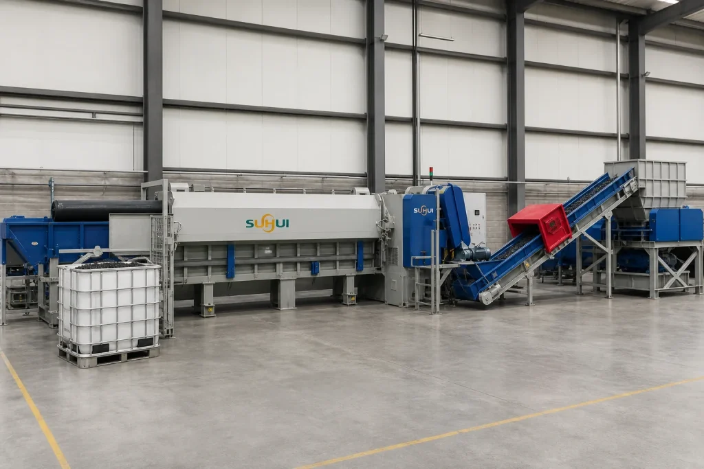 Complete SUHUI HDPE pipe shredder machine with feed conveyor shredding chamber discharge conveyor and collection bin