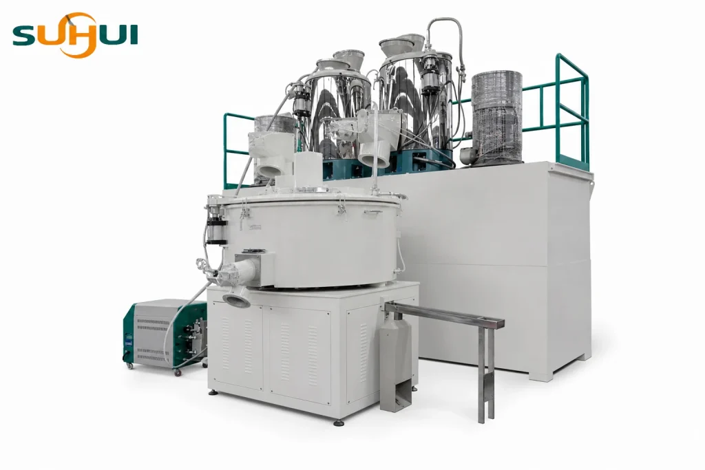 Higher speed mixer side angle view with hot mixer cooling mixer discharge outlet platform and stainless steel hoppers