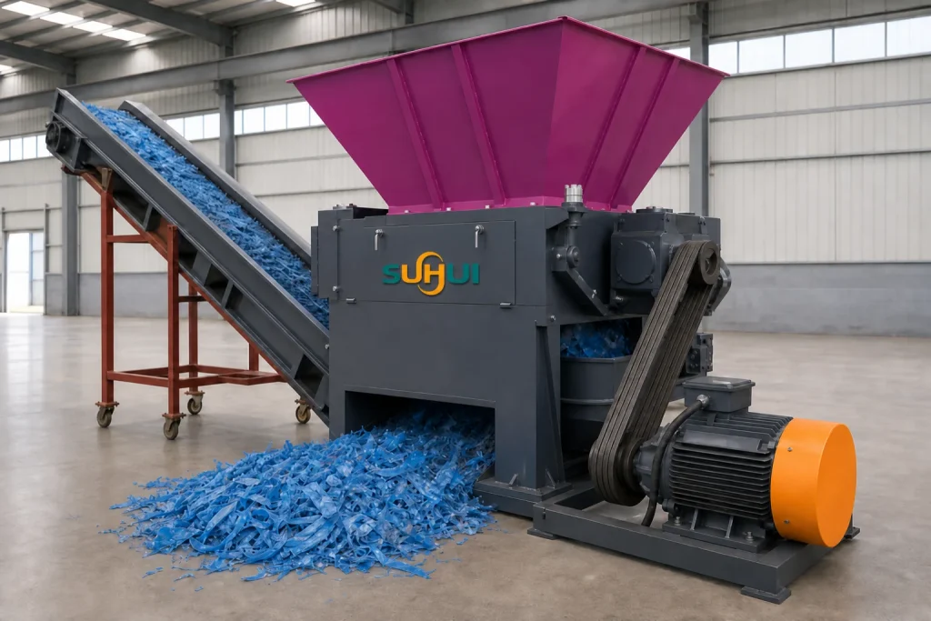 Jumbo bag shredder shown from opposite angle with conveyor hopper side belt drive and shredded PP strips