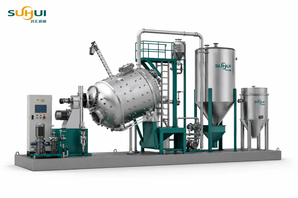 PET SSP system side angle view with horizontal reactor vertical tanks nitrogen piping platform and PLC cabinet