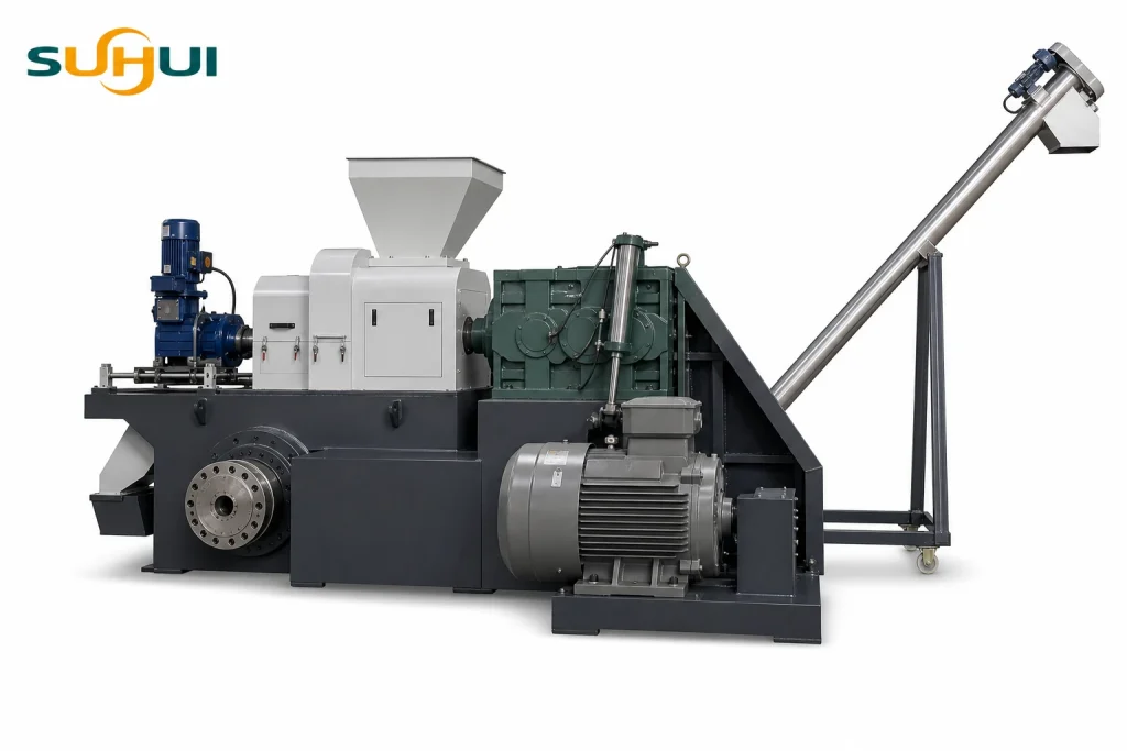 Side angle view of plastic film squeezer granulating machine with hopper motor screw and conveyor