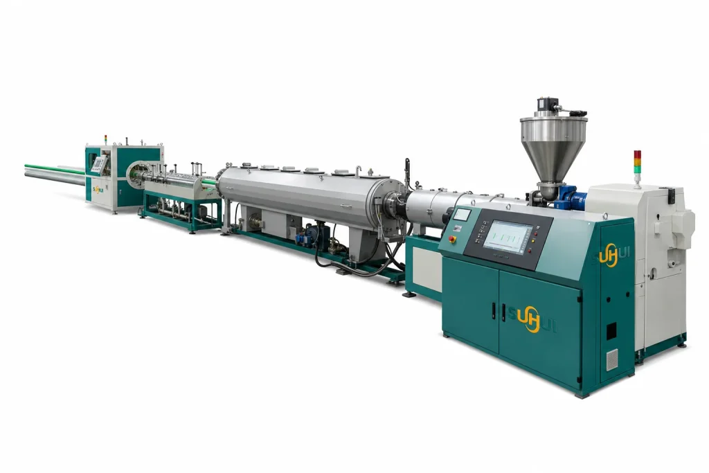 PPR pipe extrusion line shown from opposite angle with extruder die head vacuum sizing cooling tanks haul off cutter and pipe output
