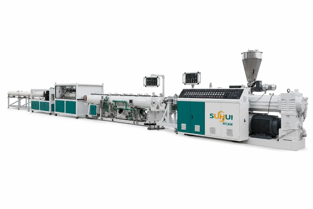 PVC pipe extrusion line shown from opposite angle with twin screw extruder calibration tank cooling tank haul off cutter and pipe output