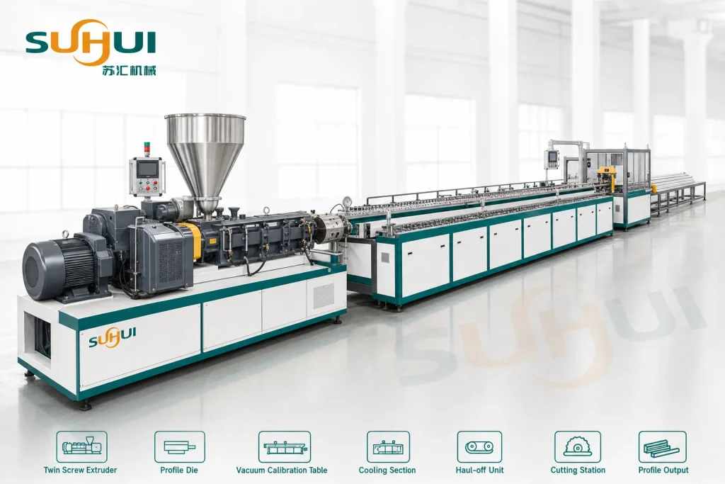 PVC profile extrusion line complete angle view with twin screw extruder vacuum calibration cooling haul off cutting and profile output