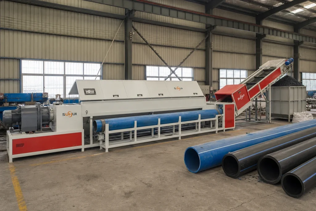 HDPE pipe shredder full line side view with long pipe loading support large chamber conveyor and pipe scrap