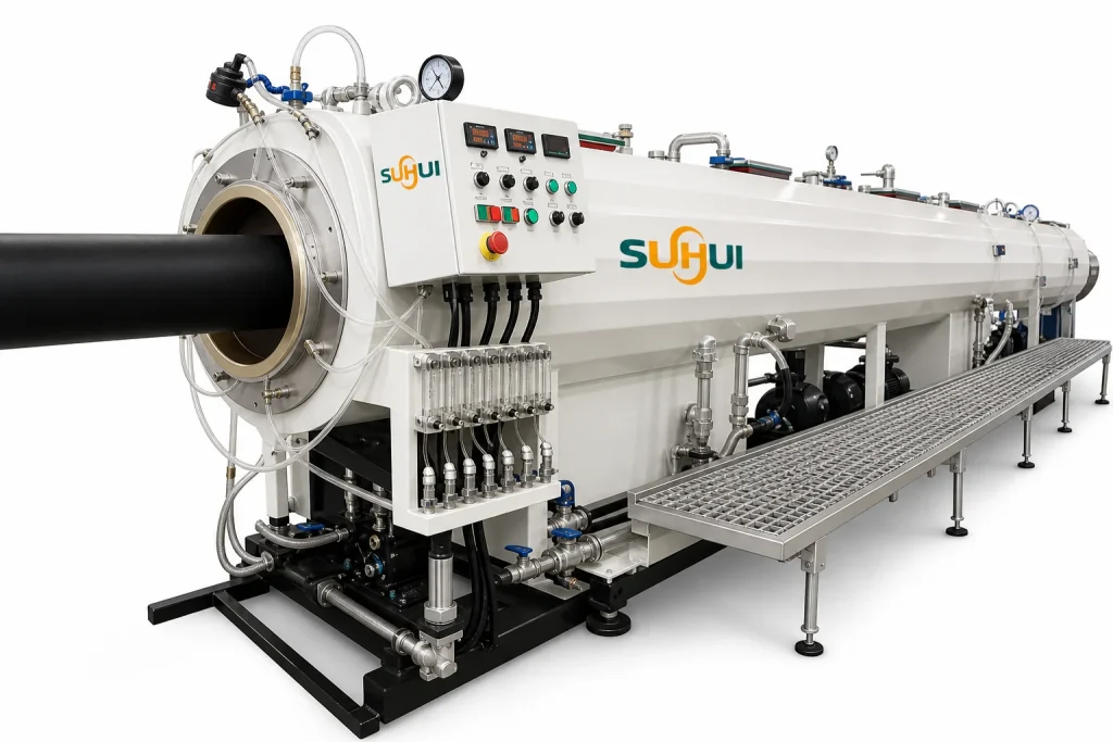 HDPE pipe entering vacuum calibration tank with calibration sleeve control panel water connections and pipe support