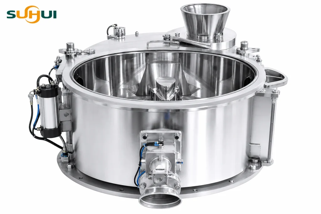 High speed mixer hot mixer bowl detail with polished stainless steel contact surfaces impeller area and feed opening