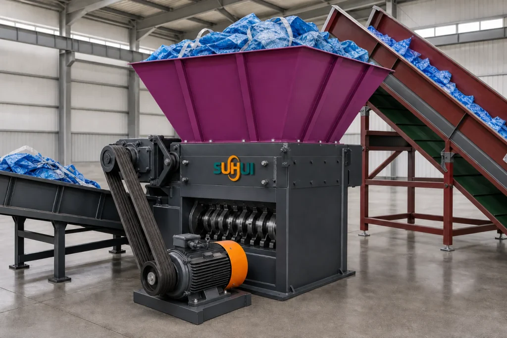 Jumbo bag shredder front feed view with whole FIBC bags conveyor hopper and visible cutting chamber