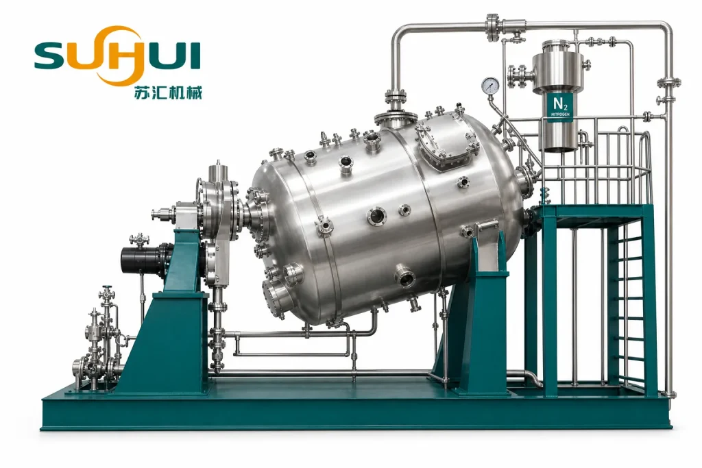 PET SSP reactor detail with stainless steel heating jacket flanges inspection ports nitrogen piping and support platform