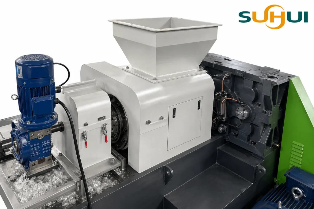 Feed hopper and integrated crusher detail on plastic film squeezer granulating machine