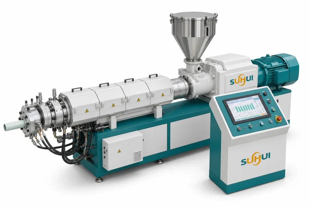 PPR pipe extrusion machine with hopper single screw extruder ceramic heater zones gearbox motor co extrusion die head and HMI control panel