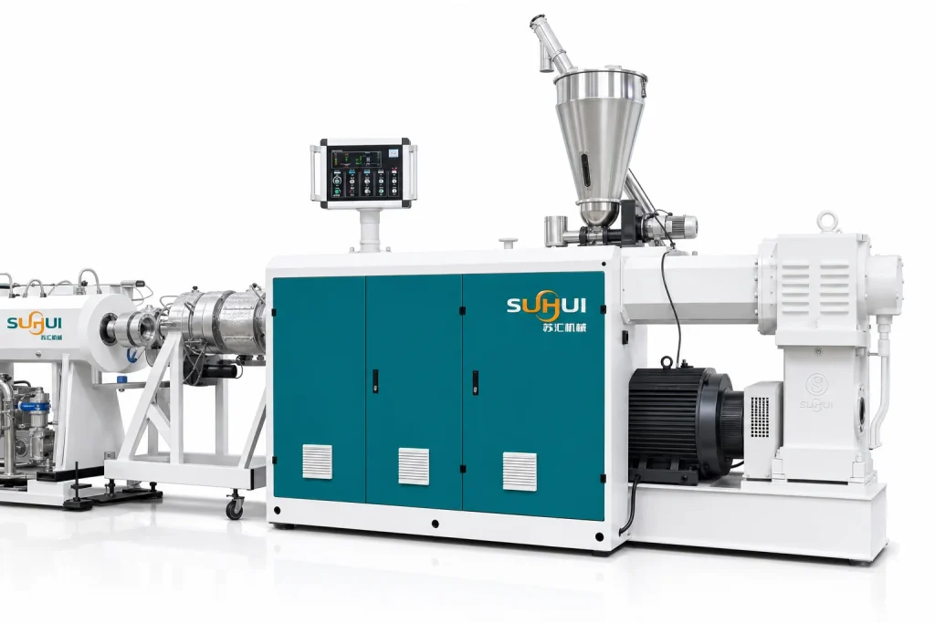 PVC pipe extrusion machine with conical twin screw extruder hopper dosing feeder heater zones gearbox motor and HMI control