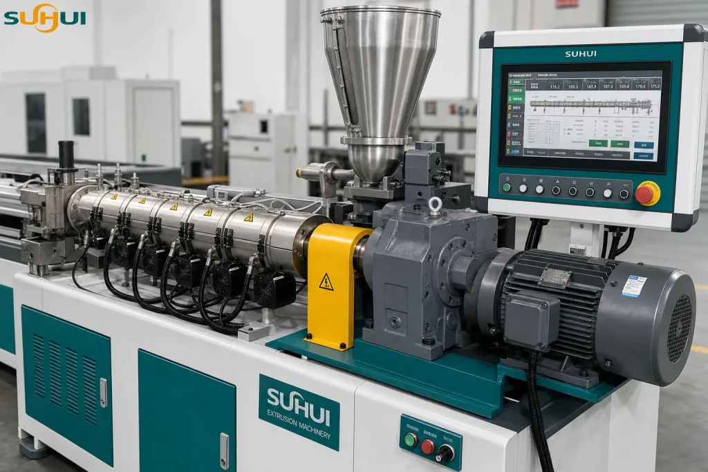 PVC profile extrusion machine twin screw extruder detail with feed hopper gearbox heating zones and HMI control