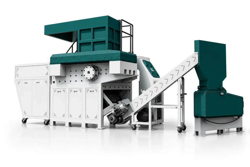 Single shaft shredder front perspective with wide hopper reinforced chamber motor and discharge conveyor